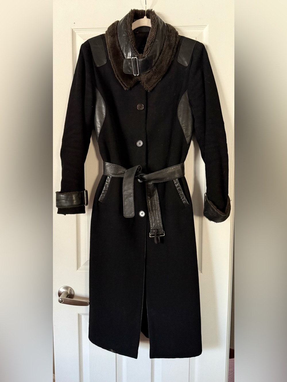 Vintage RUDSAK Wool & Leather Trench Coat Faux Fur Collar Black Made in Canada